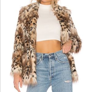 MAJORELLE Faux Fur Leopard Print Coat in Brown and Cream